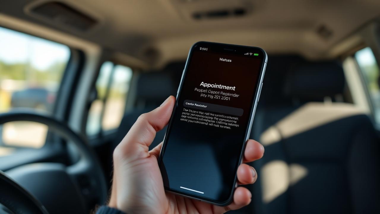 Appointment reminder notification on a phone inside a service van before a job.