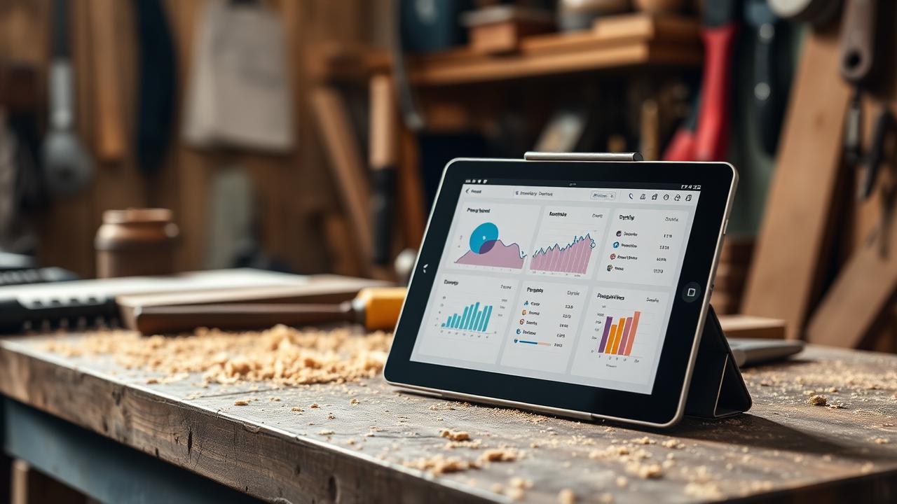 Tablet on a workbench showing a simple business dashboard beside hand tools.
