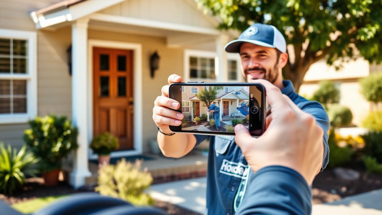 Service business owner filming a short marketing video of finished work on a phone.