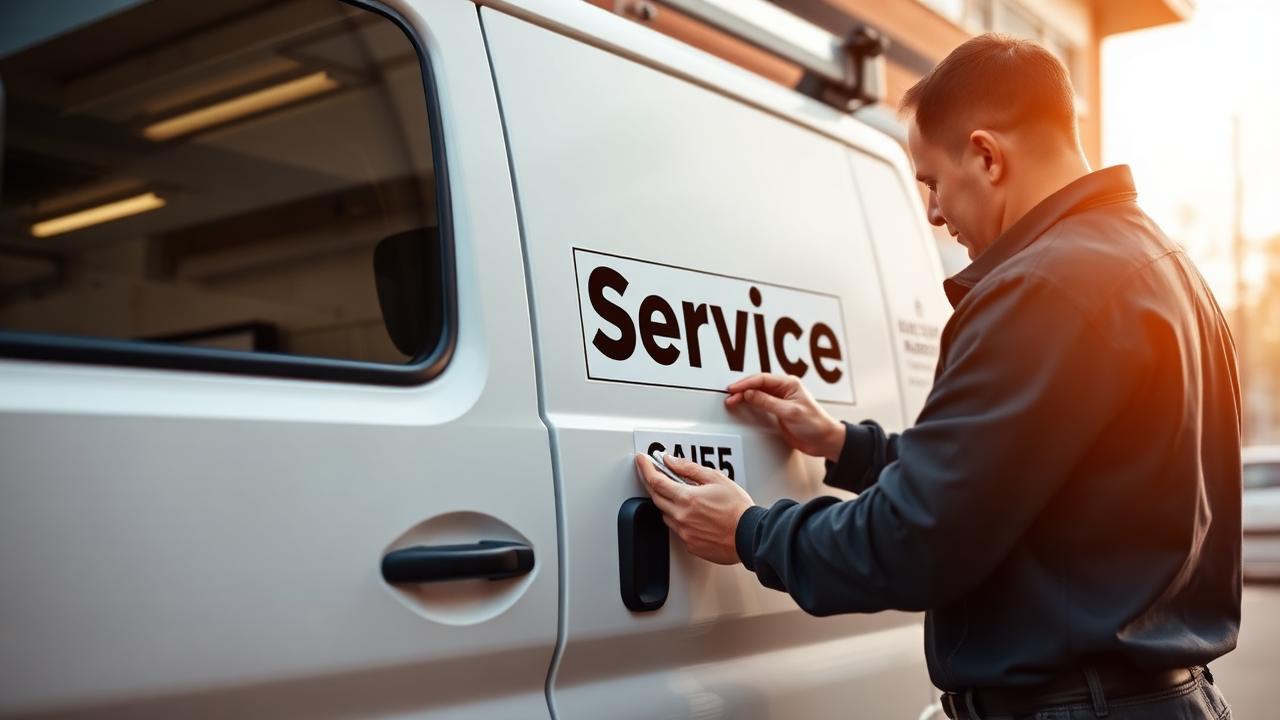Business Name Generator Business name decal being applied to a service van door.
