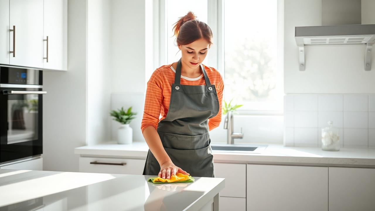 House cleaner wiping down a bright kitchen counter during a recurring cleaning visit.