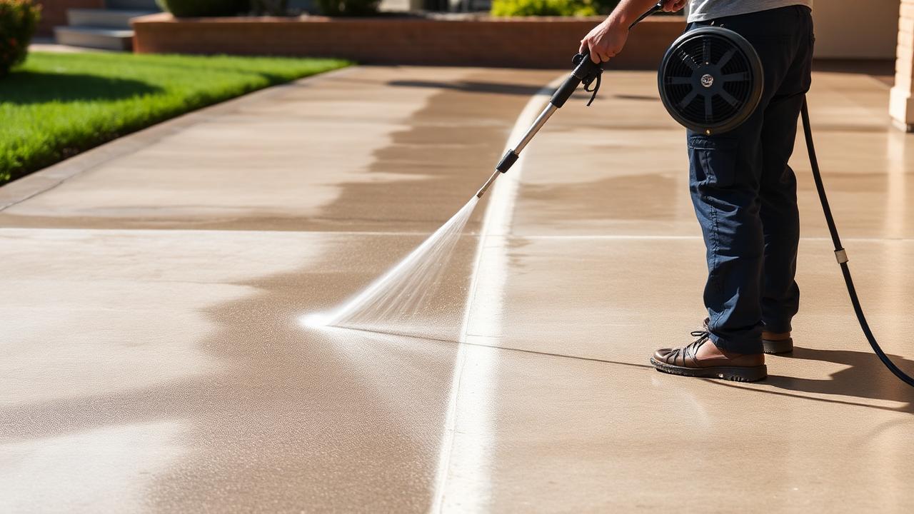Pressure washing contractor cleaning a concrete driveway, showing the priced result.
