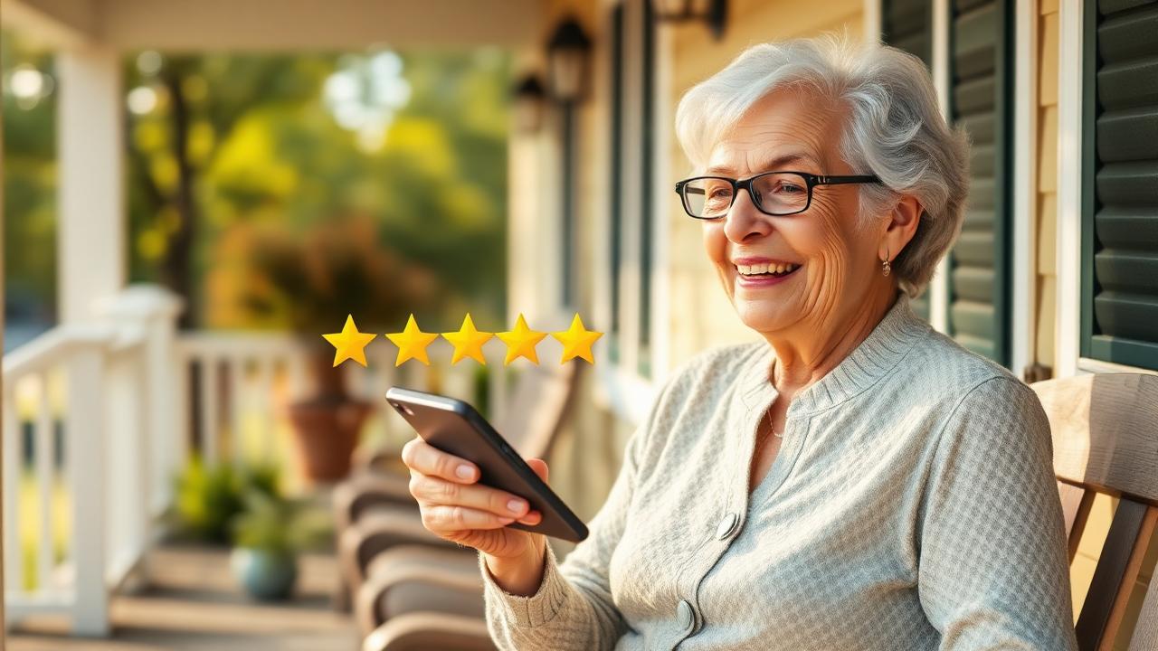 Happy customer leaving a five-star review on her phone after a completed service visit.