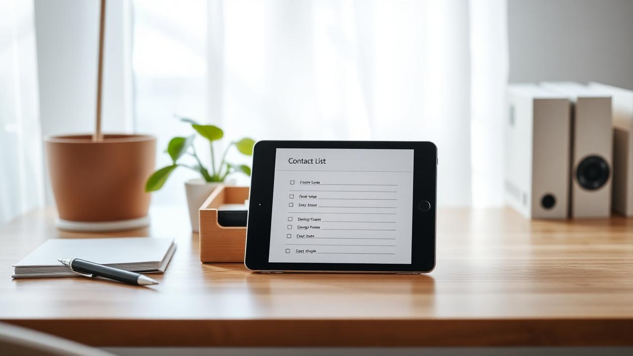 Tablet showing a simple customer contact list on a tidy home office desk.