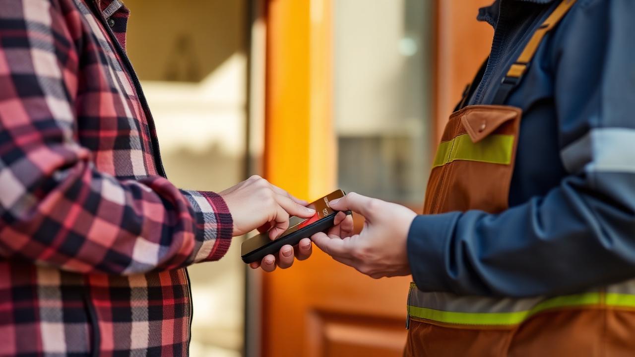 Customer tapping a card on a mobile payment reader at the door after a service call.