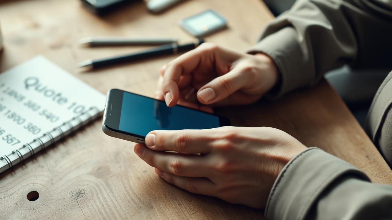 Business owner typing a polite quote follow-up text message on a phone.