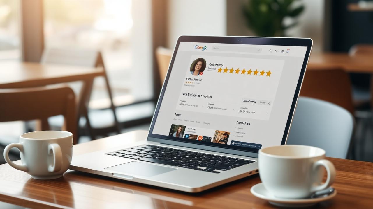 Laptop showing a local business profile with star ratings and customer reviews.