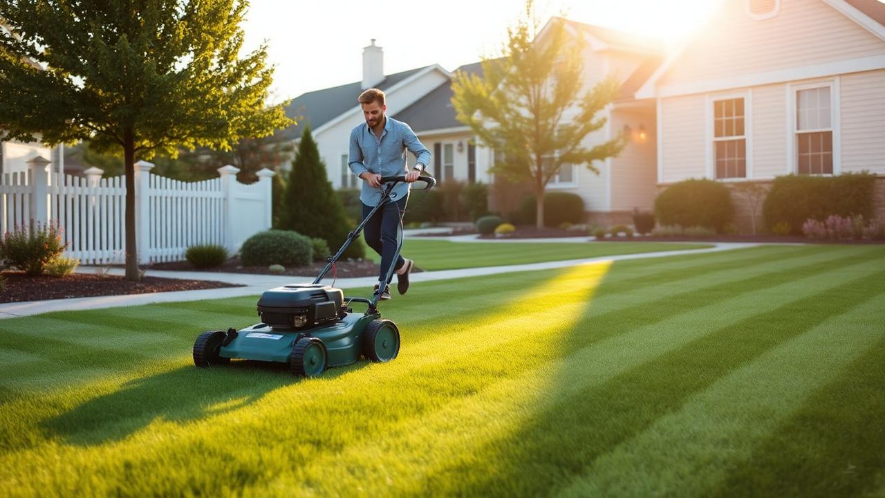 Lawn care professional mowing a striped residential lawn to attract new customers.