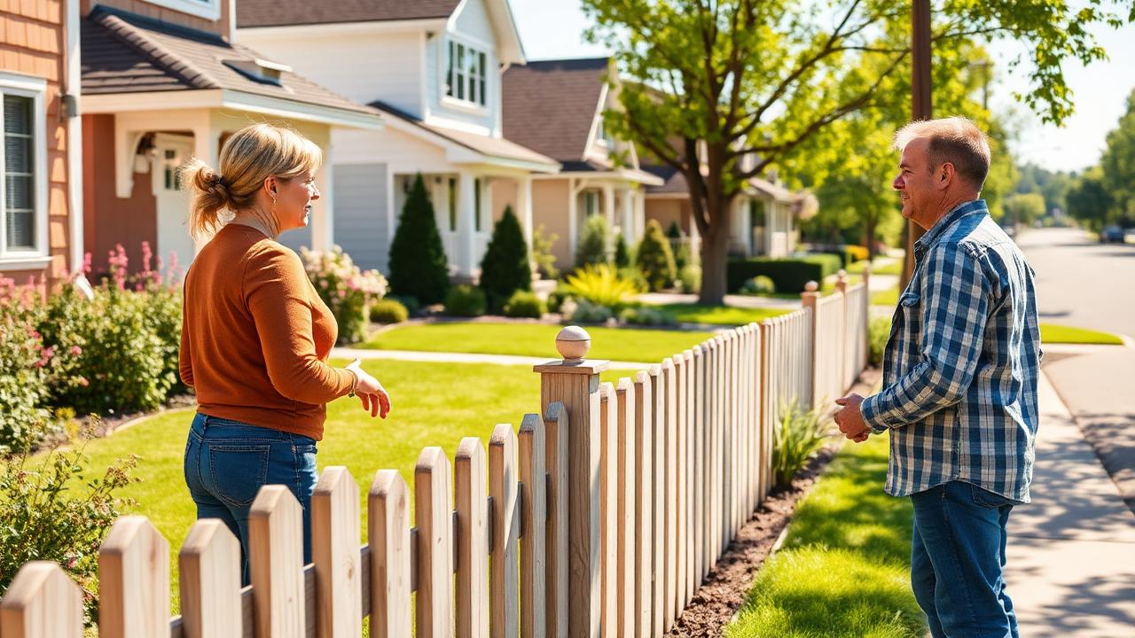 Neighbours chatting over a fence, recommending a local service business.
