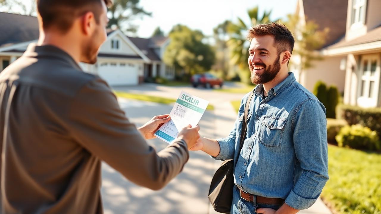 New business owner handing a flyer to a neighbour while finding first customers.