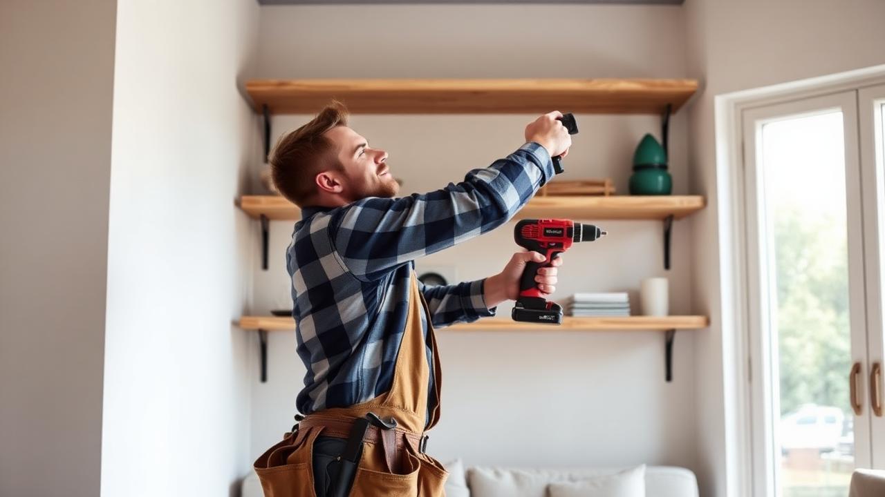 Handyman installing shelving with a cordless drill during a home repair job.