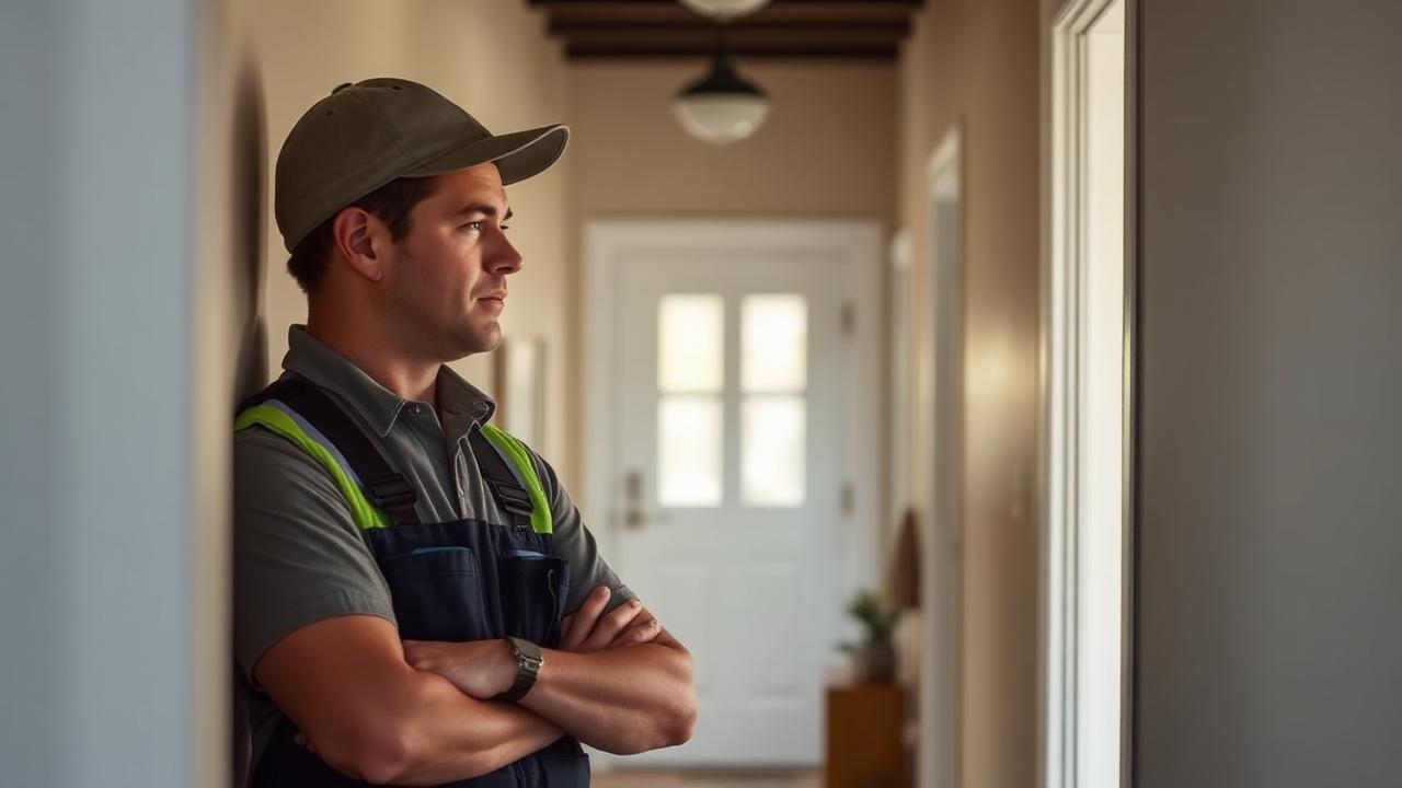 Technician listening calmly to a homeowner's concern inside a hallway.