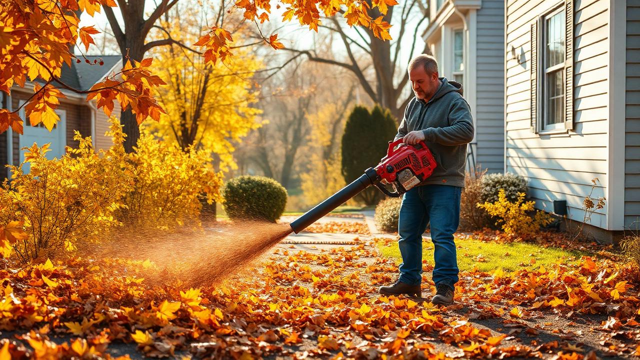 Worker clearing autumn leaves with a blower during a busy seasonal service period.