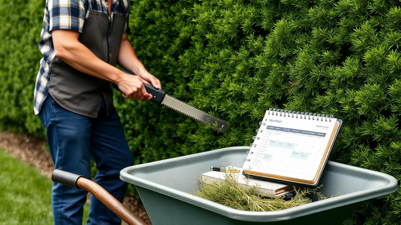 Gardener trimming a hedge on a recurring maintenance visit with a service schedule nearby.