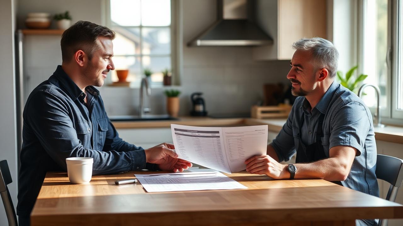 Service business owner calmly explaining new pricing to a customer at a kitchen table.