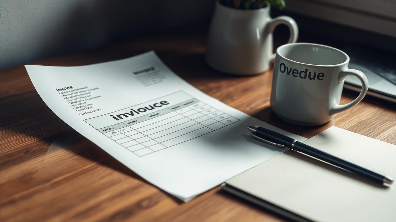 Overdue invoice on a desk beside a pen and notepad, ready for a payment reminder.