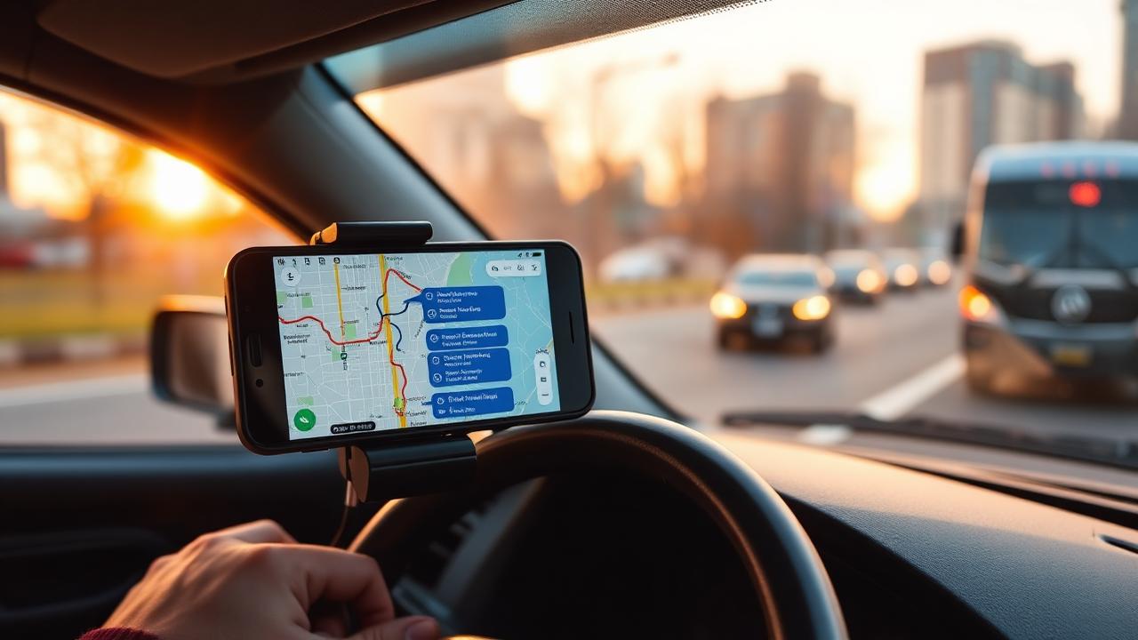 Phone on a van dashboard showing a planned multi-stop route for the day's jobs.