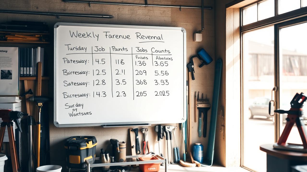 Whiteboard in a workshop with handwritten weekly revenue targets and job counts.