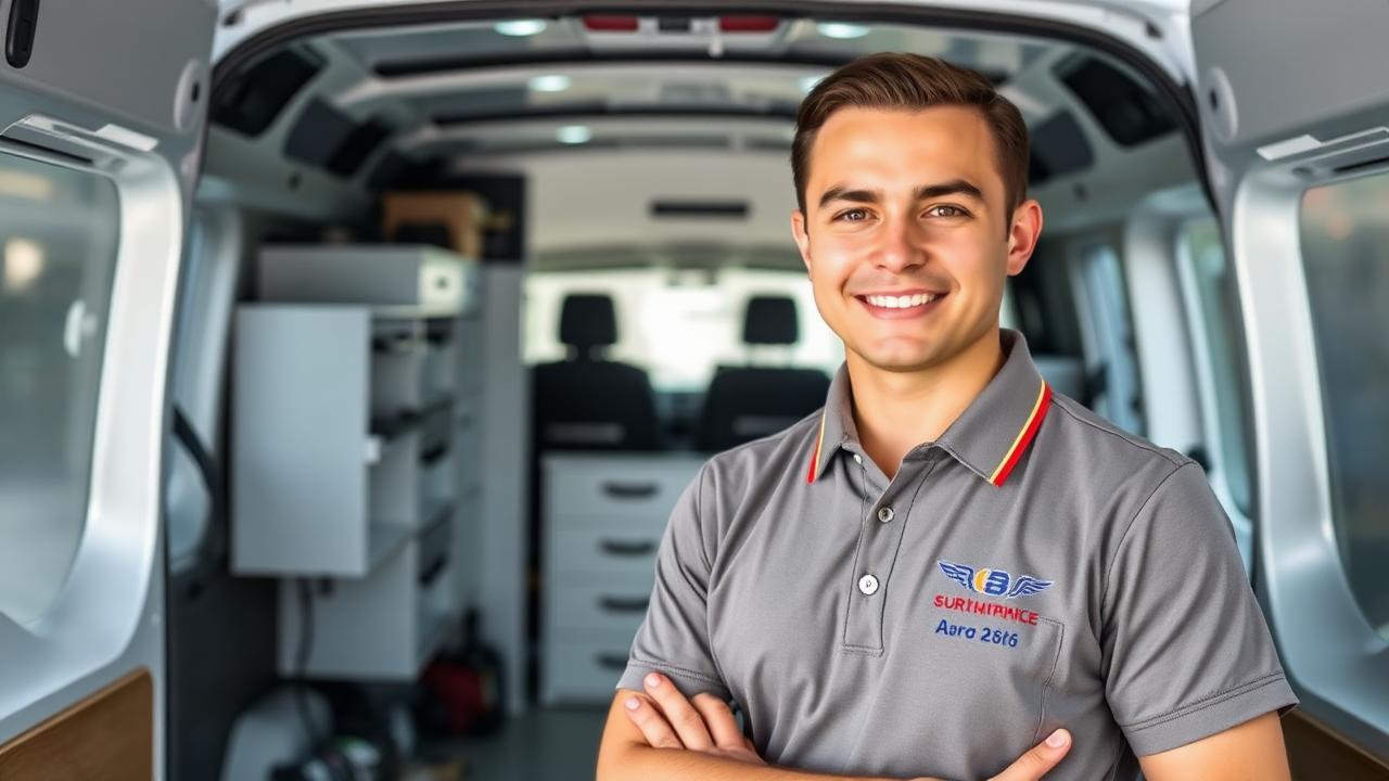Uniformed service professional standing beside an immaculately organised work van.