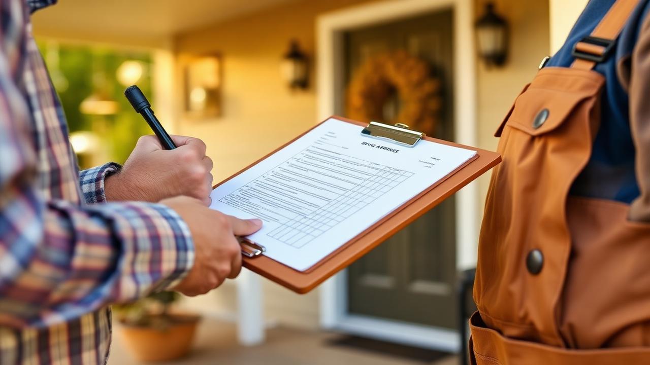 Homeowner signing a recurring service agreement on a clipboard at the front door.