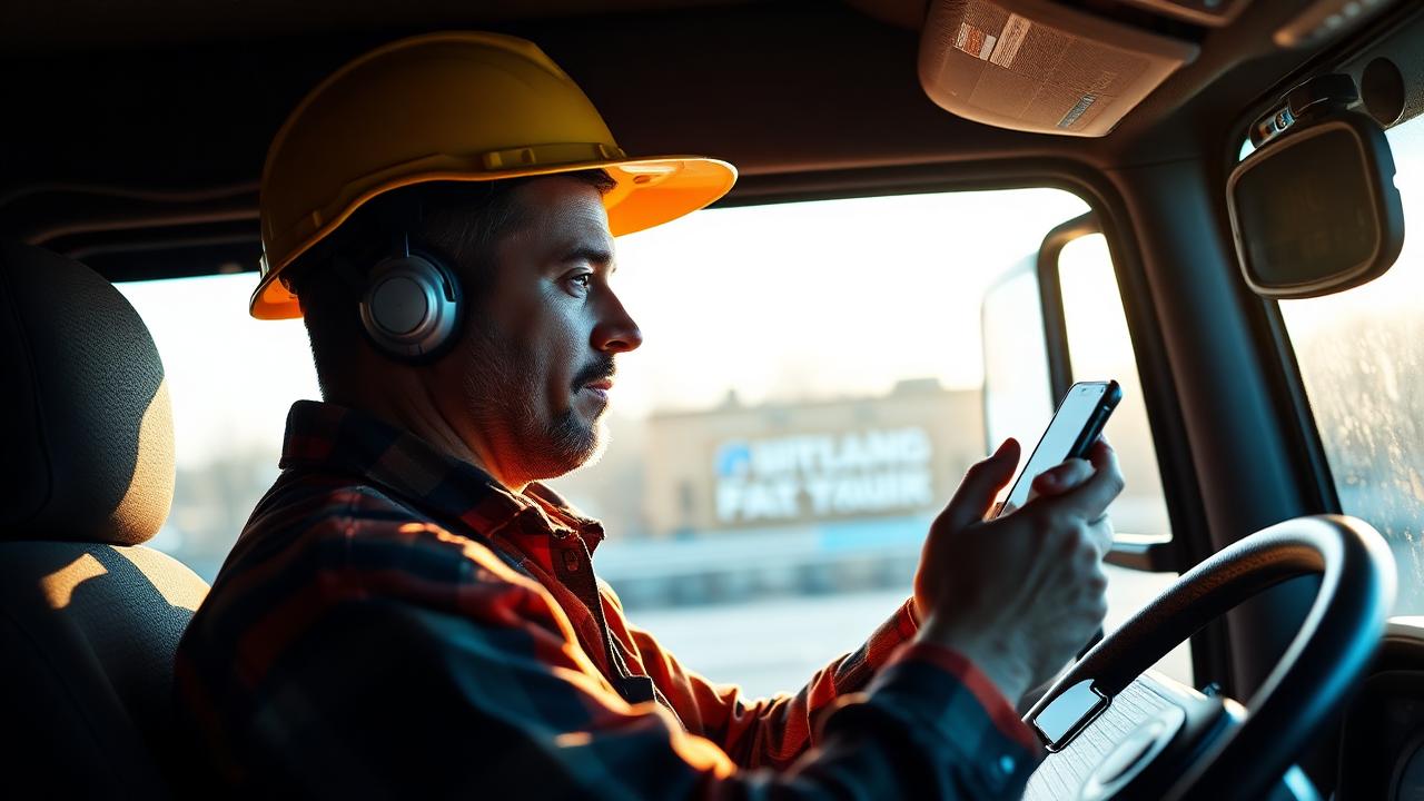 Field service worker drafting a customer message on a phone from the truck cab.