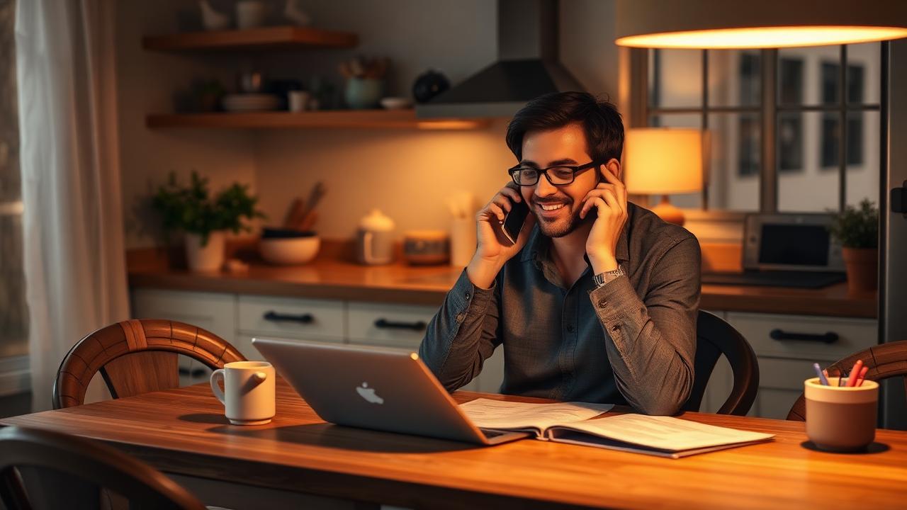 Owner phoning a lapsed customer from a home office with a customer list open.