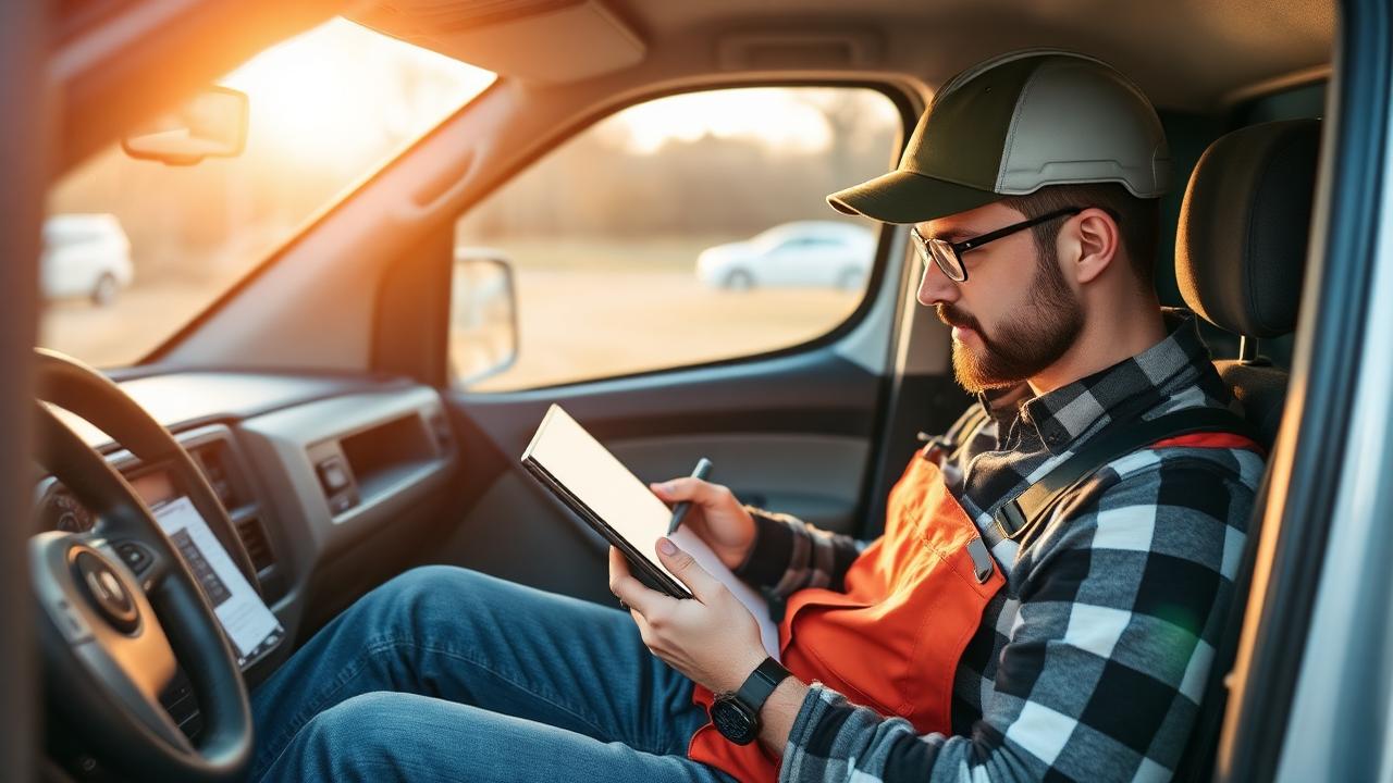 Tradesperson preparing a job quote on a tablet from the cab of a work van.