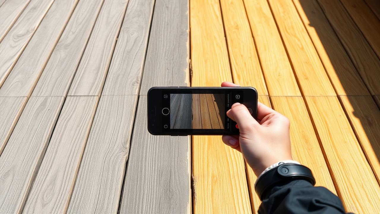 Phone photographing a deck that is half weathered and half freshly restored.