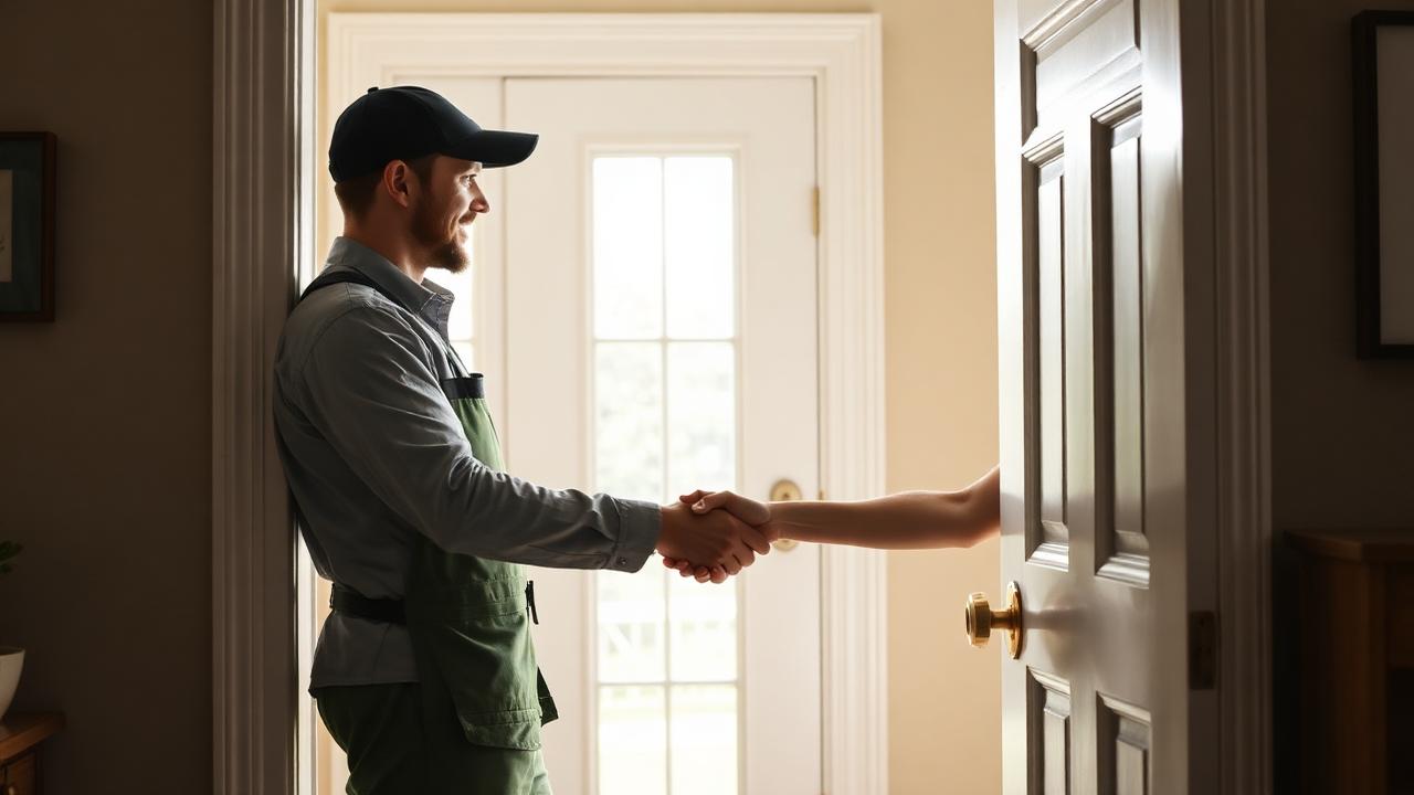 Service professional shaking hands with a homeowner after finishing a job.